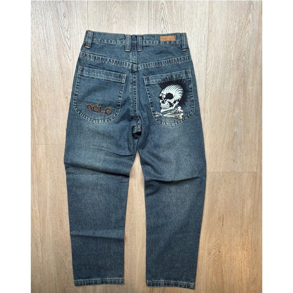 Solo Jeans Mens Denim Straight Leg Skull Mohawk Embroidery Punk Streetwear Y2K